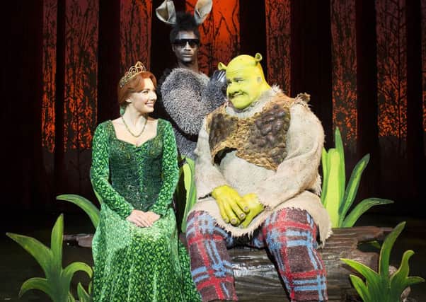 BrontÃ© BarbÃ© as Princess Fiona, Dean Chisnall as Shrek and Idriss Kargbo as Donkey