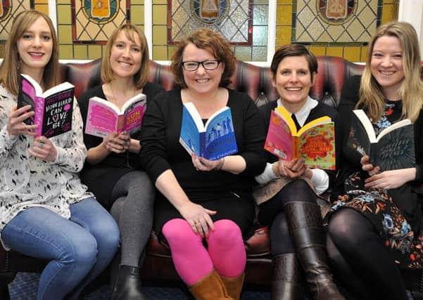Storytellers Inc bookshop organised a teen girl authors reading and questions afternoon at St Annes Palace.
 Five of the authors with their books. from left: Holly Bourne, Jenny McLachlan, Keris Stainton, Natasha Farrant and Sara Barnard