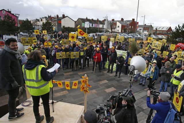 Anti-fracking protestors outside Bloomfield Road Photo: Peter Byrne/PA Wire