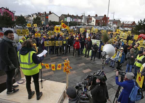 Anti-fracking protestors outside Bloomfield Road Photo: Peter Byrne/PA Wire