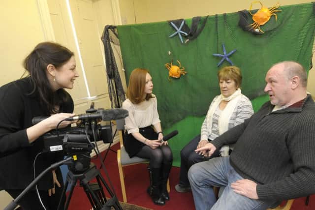 Alex O'Toole and Sarah Stone interviewing ex-shrimping industry workers for their new play.  They are pictured with Frances Topping and Mick Parkinson.