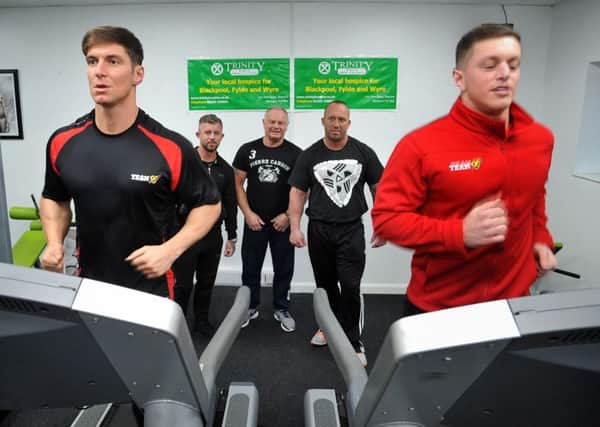 Bodybuilding brothers Zack and Callum McGuirk are to tackle a 24-hour training session at the Universe Gym in Marton to raise funds for Trinity Hospice.
Pictured on the treadmills are Zack (left) and Callum, being watched by Billy Greenwood (centre) and gym owners Joony Toomey (left) and Karl Etherington.  PIC BY ROB LOCK
11-2-2016