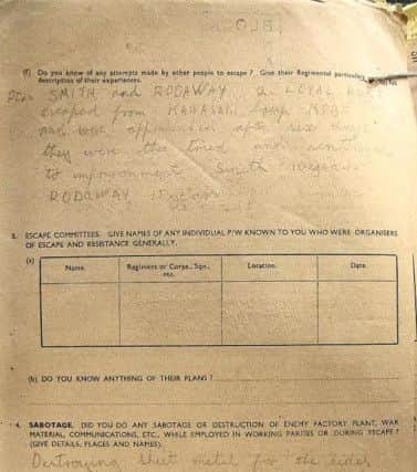 Paperwork detailing Charles Rodaway's failed escape attempt in WWII
"Private Smith and Rodaway...escaped from Kawasaki Camp Kobe and were apprehended after six days. They were then tried and sentences to imprisonment, Smith 10 years, Rodaway 15 years"
