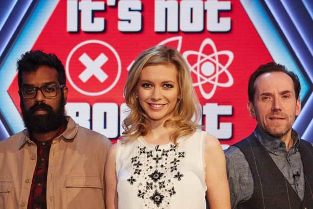 Rachel Riley with her co-hosts on It's Not Rocket Science, Romesh Ranganathan and Ben Miller