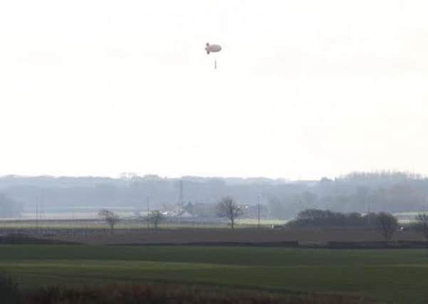 The Preston New Road  blimp showing the height of a 53m fracking rig seen from Weeton