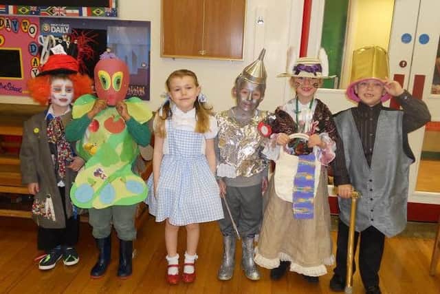 Shakespeare Primary School World Book day  Infant winners, from left to right: Jaiden Carter - The Mad Hatter, Adrian Prasad - The Hungry Caterpillar, Poppy Grieve - Dorothy, Jack Leary - The Tin Man, Natasha Trajanovski - Mrs Bounce