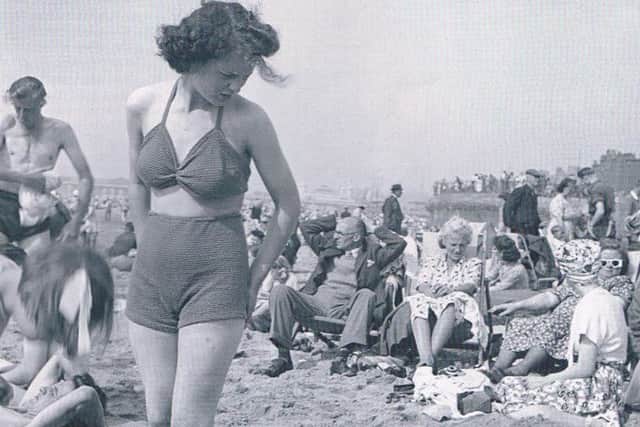 Girl wearing knitted two piece on the beach, from Blackpool Memories book published by True North Books
