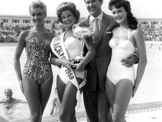 Miss Blackpool 1959 contest, with Edmund Hockeridge one of the the judges. From Blackpool memories Book, published by True North Books