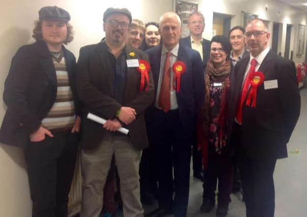 Jim Hobson, front, celebrating with Labour colleagues including Gordon Marsden MP, following his victory at the Bloomfield by-election