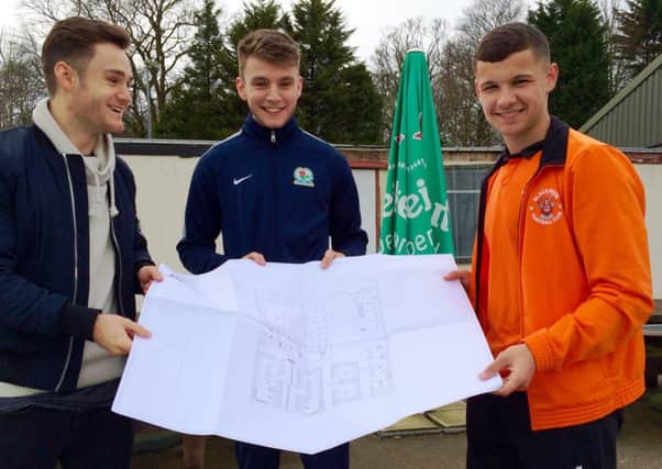 Joe Riley of Manchester United (left), Sam Lavelle of Blackburn Rovers and Macauley Wilson of Blackpool, who all came through the ranks at Lytham Juniors, are backing the Juniors' plans for a new clubhouse