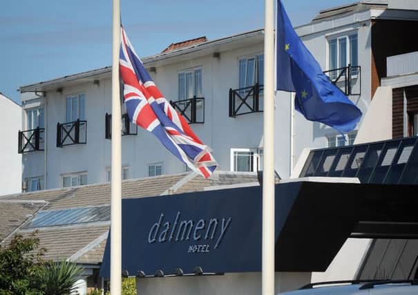 The Dalmeny Hotel in St Annes flies its flags at half-mast after a three year-old girl died in the hotel swimming pool.  PIC BY ROB LOCK
15-8-2014