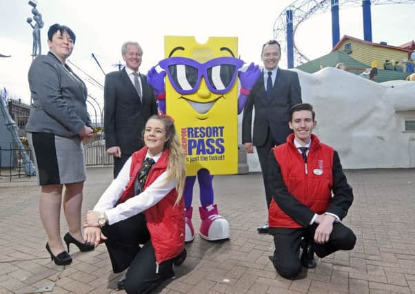 Season launch for Visit Blackpool and the Pleasure Beach.  Gillian Campbell, Philip Welsh and Robert Owen with Pleasure Beach ambassadors and the Resort Pass macot.