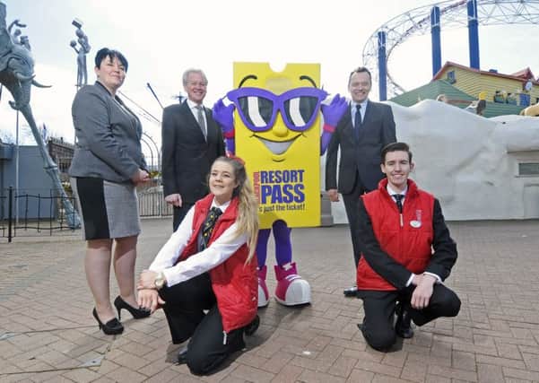 Season launch for Visit Blackpool and the Pleasure Beach. Gillian Campbell, Philip Welsh and Robert Owen with Pleasure Beach ambassadors and the Resort Pass macot.