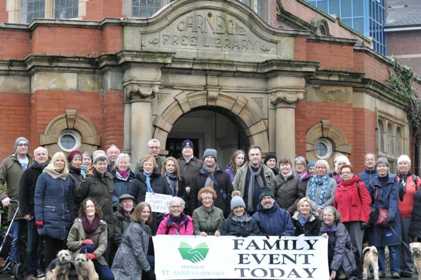 Protesters prepare to set off on the Walk For The Library from St Annes Library