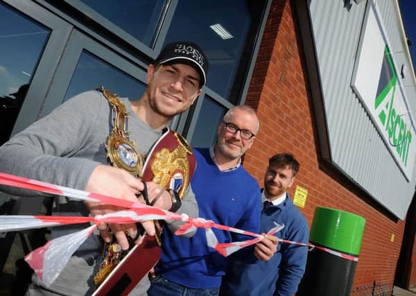The Ascent indoor trampoline centre on Cornford Road in Marton was officially opened today by Blackpool boxing champion Brian Rose.
Brian cuts the ribbon with owner Allan Bowness (centre) and General Manager Liam Hoyle.