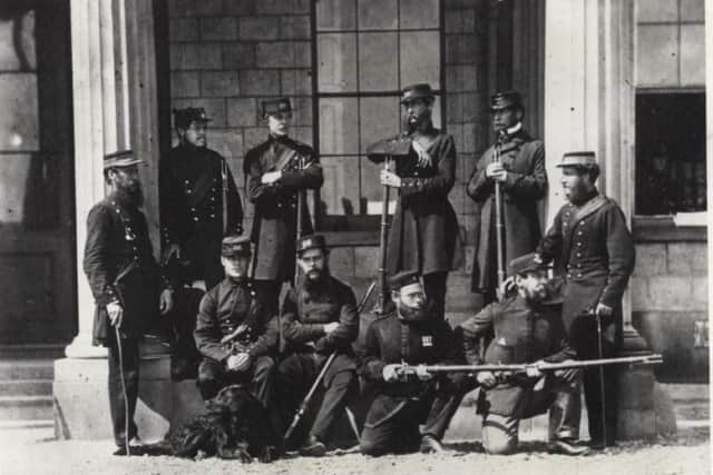 Officers at ease outside the North Euston, in 1861