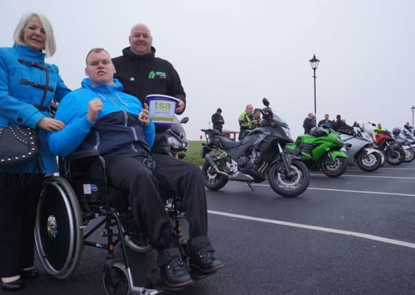 Coast to Coast motor ride 2015 setting off from Lytham, with  Brian, Lorraine and Daniel Scott, in the foreground