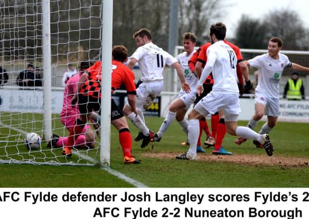 Josh Langley scores for Fylde Picture: STEVE MCLELLAN
