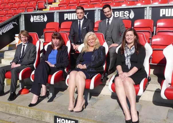 New team members pictured at BES headquarters at Fleetwood Town FCs Highbury Stadium. Back row L-R: Nathan Jefferson, Sean McIver. Front row L-R: Andrew Aris, Cathy Hilton, Catherine Scott and Liz Bartholomew. Separate headshot of BES director Michelle Davidson