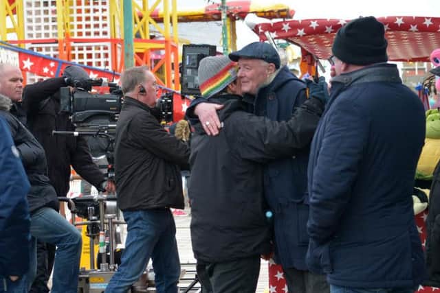 Coronation Street Filming in Blackpool  Cast Members Richard Hawley and Sally Ann Mathews , were in the Resort , EX CorrieStar Bruce Jones , who is in Panto on North Pier , where filming took place , bumped into Production Staff.  Pics by Dave nelson