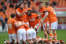 Blackpool players celebrate Mark Cullen's goal