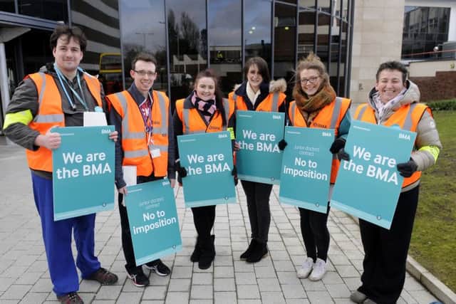 Staff on strike outside Blackpool Victoria Hospital last month.  Pictured L-R Carrick Allison, Ronan O'Neill, Anna Smith, Sophie Harding, Iona Morrison and Claire Ashley.