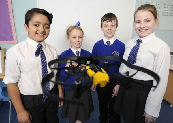 Pupils from Mereside Primary have been learning how to code drones using Ipads.  Pictured are Miles Amuche, Amy Duffy, Jake Blake and Emily Appleby