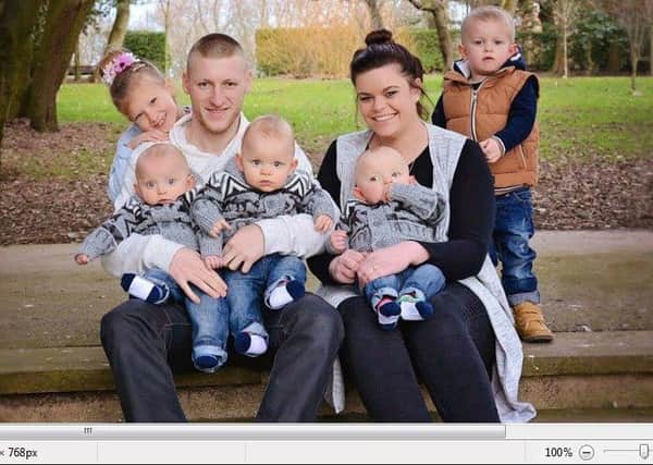 Proud Aaron Hine and Lena Williams with Levi (left), Ryan (right) and triplets Jax, Josh and Jayden.
