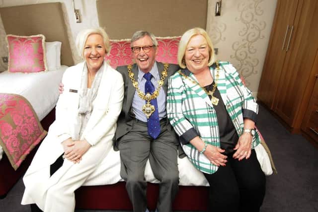 Unveiling of the first phase of redevelopment at the Hotel Sheraton.  Liz Brown with mayor Peter Callow and mayoress Maxine Callow.