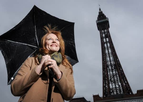Kate Shane from Merlin with Blackpool Tower in the background