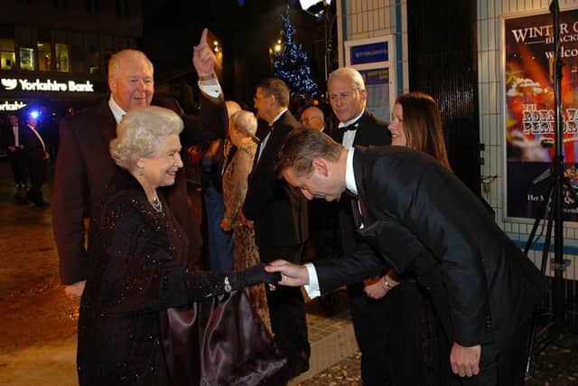 The Queen arrives at the Winter Gardens in Blackpool, for the The Royal Variety Performance, in 2009. The Queen is introduced to Leisure Parcs Director Mr Craig Hemmings.