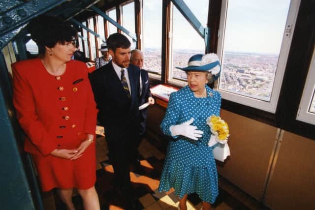 Queen Elizabeth II and the Duke of Edinburgh visited Blackpool and Rossall School in 1994. The Queen went up Blackpool Tower during her visit in 1994. She is seen here with Katherine O'Connor of First Leisure and Tower general manager Steve Brailey
