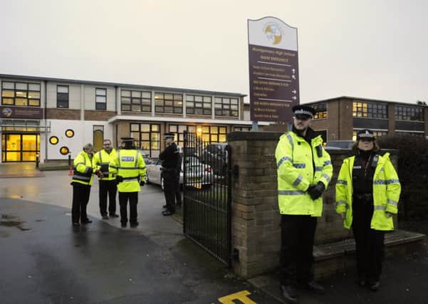The police presence at Montgomery High School in January, as pupils arrived for school following online threats on Facebook