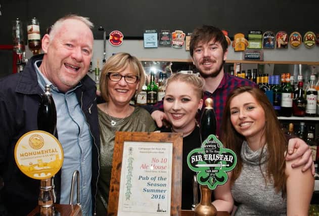 No 10 Alehouse wins pub of season for Summer 2016. Landlord George White, his wife Alison and bar staff Parysse, Saffy and Adam.