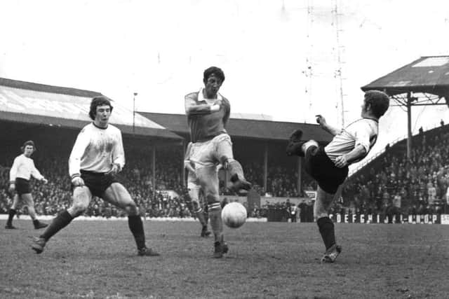Glyn James in action for Blackpool against Burnley in 1973