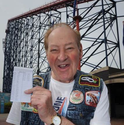 Roller coaster fanatic Brian Watson passed a milestone at Blackpool Pleasure Beach today when he rode the Big One for the 11,000th time.
Brian with his tally of rides.  PIC BY ROB LOCK
6-5-2016
