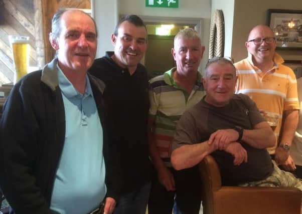 Blackpool fans Andy Walton, Kevin Cox, Pete Hall, Mel Forshaw, John Jones
