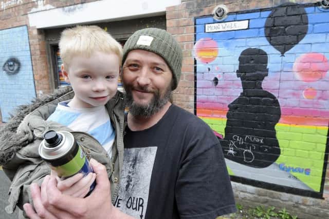 Launch of the Sand, Sea and Spray festival in Blackpool.  Pictured is four-year-old artist Charlie Willison-McDade with dad Phil McDade (aka Famous 4:15)