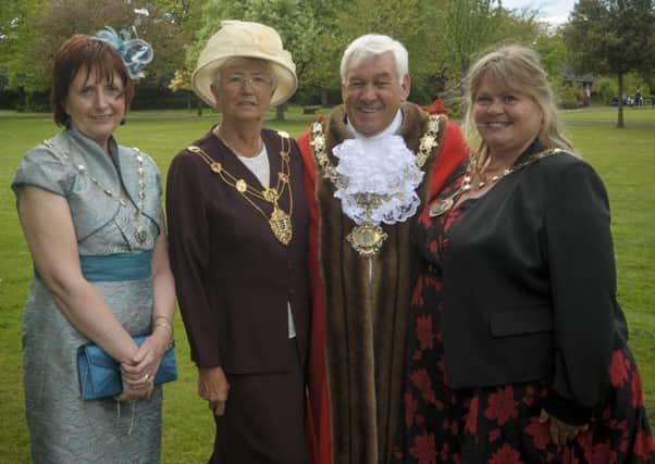 Coun Peter Hardy, mayor of Fylde for 2015-6, with then mayoress Sheila Hardy (second left), former deputy mayor Coun Heather Speak and former deputy mayor Jen Robinson