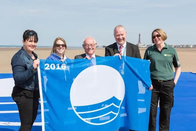 Fylde Peninsula Water Management Partners on Blackpool South beach. L-R Cllr Gillian Campbell, Deputy Leader of Blackpool Council, Emma Whitlock LOVEmyBEACH co-ordinator, Cllr Fred Jackson, Cabinet Member responsible for bathing water at Blackpool Council, Robert Tidswell from United Utilities, Louise Maxwell, Environment Agency.