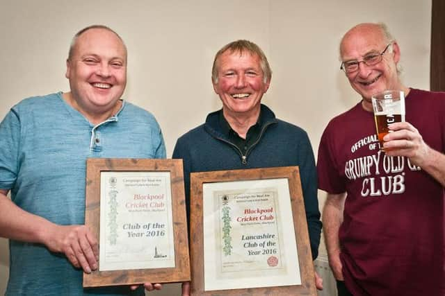 Blackpool Cricket Club wins Club of the Year.
Branch Chairman Paul Smith, former licensee Pete Campbell and Lancs Area Organiser John Webster.