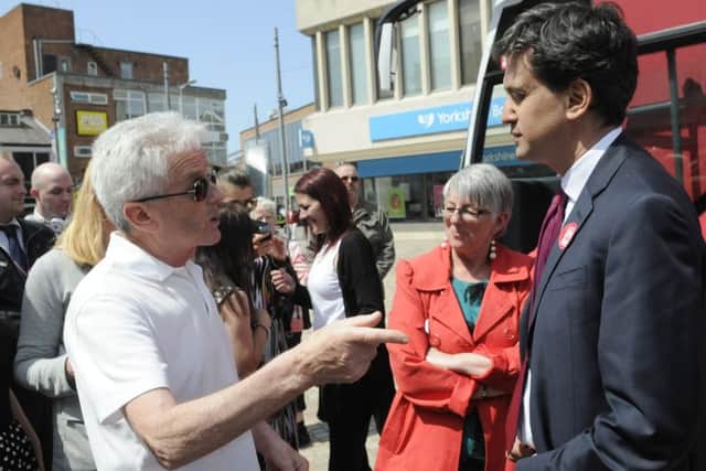 Ed Miliband arrives in St John's Square, Blackpool, on the Labour In for Britain bus as part of the EU referendum campaign