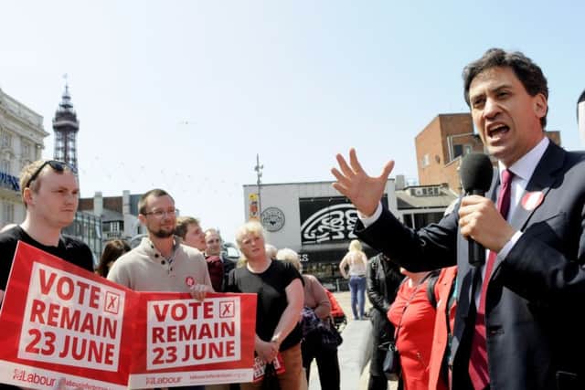 Ed Miliband arrives in St John's Square, Blackpool, on the Labour In for Britain bus as part of the EU referendum campaign