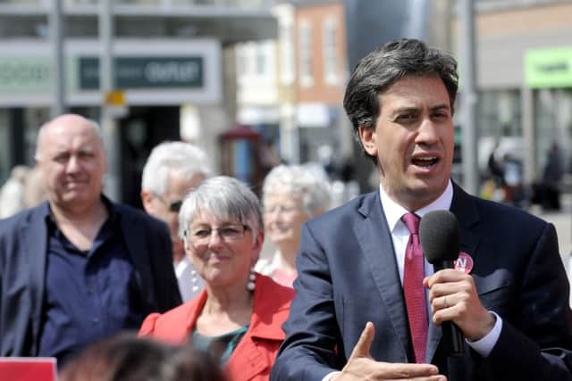 Ed Miliband arrives in St John's Square, Blackpool, on the Labour In for Britain bus as part of the EU referendum campaign