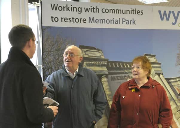 Plans of the Memorial Park at Fleetwood on display at Fleetwood Library.
Ella and Les Fletcher (chairman-Friends of Memorial Park) talking to Landscape Architect Mark Featon.