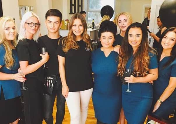 Sam Faiers, from The Only Way Is Essex (TOWIE), (centre) at the opening of House of Halteres on Lytham Road, Blackpool, standing next to business owner Nina Shaw (front, third right)