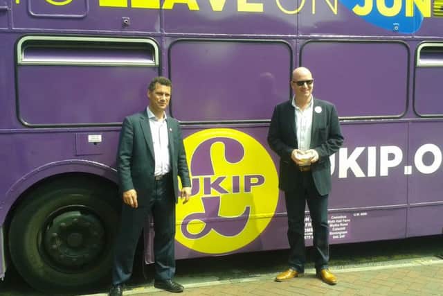 Euro MPs Steven Woolfe and  Paul Nuttall  with the UKIP Brexit battle bus