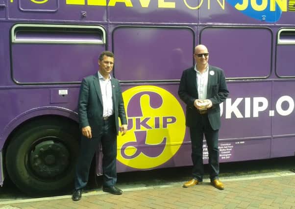 Euro MPs Steven Woolfe and  Paul Nuttall  with the UKIP Brexit battle bus
