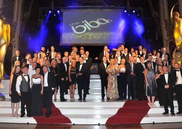 BIBAs awards from the Blackpool Tower ballroom.
All the award winners on stage.   PIC BY ROB LOCK
11-9-2015