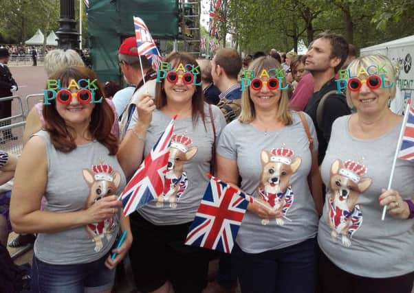 Wearing Blackpool style sunglasses, and clutching Union Jack flags, are (l-r) Carolyn Parkinson-Swift, Lesley Nutter, Ali Boden, and Lynn Gee